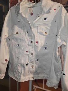 Quacker Factory Womens White Denim Jacket 1X Red Blue Stars. Read Description - Picture 1 of 17