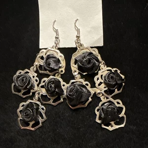 Silvertone Dainty Black Fabric Rose Earrings Dangle Drop Hook - Picture 1 of 3