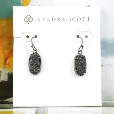 NWT Kendra Scott Lee Black Drusy Small Drop Earrings Gunmetal - Image 1 of 4