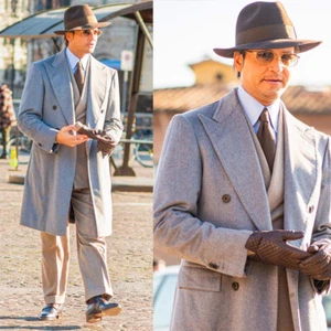 Abrigo gris de otoño para hombre con solapa de pico doble botonadura invierno cálido abrigo de negocios - Imagen 1 de 13