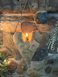 Primitive Grungy Folk Art Handmade Hanging Heart Pillow with Light 20” Tall - Picture 1 of 9