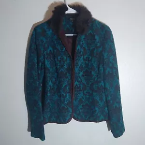 KAREN KANE Jacket Jacquard Knit Faux Fur Collar Dark Brown Teal Size M Lined - Picture 1 of 12