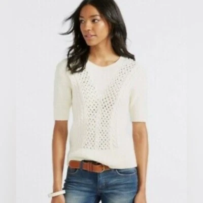 LL Bean Signature Fisherman short sleeve nwot womens medium ivory cotton sweater - Image 1 of 4