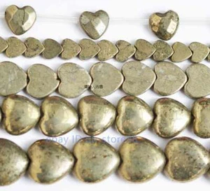 Heart Faceted Smooth Natural Pyrite Gemstone Beads 15" Hand Jewelry 8MM 9MM 10MM - Picture 1 of 13