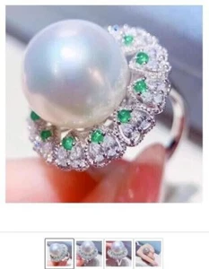 Huge Gorgeous AAA 11-10mm Real Natural South Sea White Round Pearl Ring 925s - Picture 1 of 4