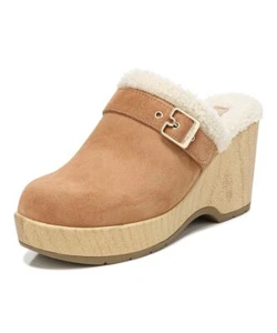 Dr. Scholl's Pixie Honey Velvet Buckle Accent Round Toe Wooden Wedge Heel Clogs - Picture 1 of 5