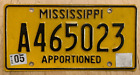 MISSISSIPPI APPORTIONED SEMI TRUCK IRP PRORATE LICENSE PLATE " A 465023 " MS