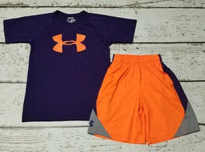 UNDER ARMOUR Boys Purple Tee Orange Athletic Shorts YSM YMD Youth Small Medium - Picture 1 of 6