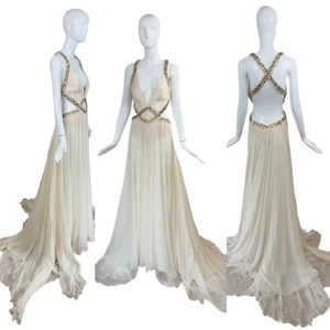 Maxi Vestido ROBERTO CAVALLI 2009 Vintage Pasarela Marfil Cadena Adornado Seda - Imagen 1 de 13