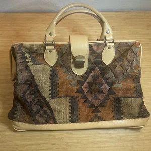 Large Turkish Leather Tapestry Bag Weekender Buckle Straps Duffle - Knit - Picture 1 of 6