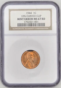 1944 1C Lincoln Cent 10% Curved Clip Mint Error NGC MS67 RD Red Wheat C14 - Picture 1 of 5