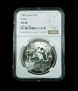 1989 SILVER CHINA 10 YUAN PANDA COIN NGC MS 68 Blast White #4037 - Picture 1 of 3