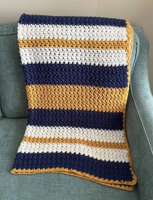 Handmade Crocheted Striped Large Throw Blanket Blue Gold White 52” x 78” - Image 1 of 3