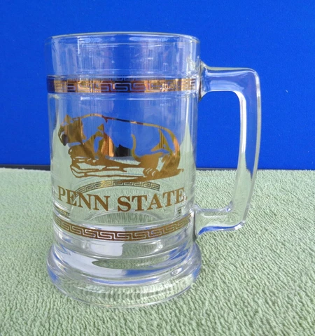 Penn State 15 oz Colonial Tankard- Clear Glass Handled Mug w/ Gold Color Design Cover