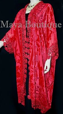 Red Lace & Burnout Velvet Kimono Caftan Jacket Duster Maya Matazaro Plus - Image 1 of 4