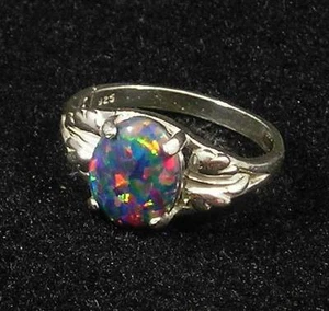 .925 Sterling Silver Lab Created Dark Opal Finger Ring Size 7 3/4 Sparkling - Picture 1 of 5
