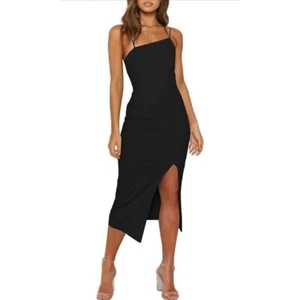 NEW Black Spaghetti Straps Split Hem Bodycon Midi Dress XL - Picture 1 of 4
