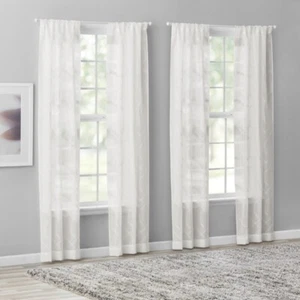 Set of 4 Geometric Rod Pocket Sheer Curtains Modern Polyester Ventilate White - Picture 1 of 5