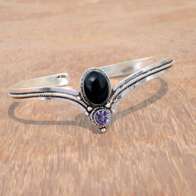 Brazalete de plata de ley 925 con piedras preciosas talladas en ónix negro y amatista regalo para pareja Foto 1 de 4