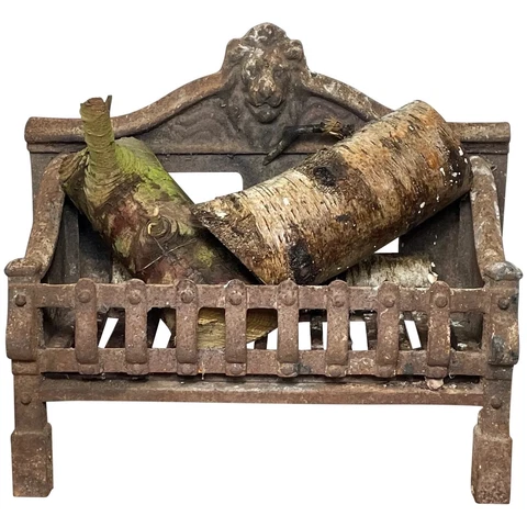 Charming English Antique Georgian Style Lion Cast Iron Curved Fire Grate Basket Cover
