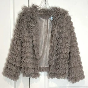NWT She + Sky Gray Fringe Faux Fur Jacket M - Picture 1 of 7