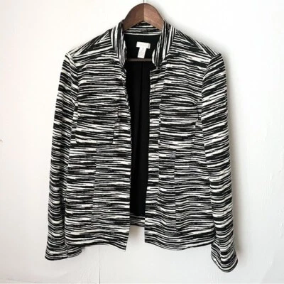 Chico’s Womens Blazer Jacket Black & White Printed Size 1 (8) Open Front Stretch - Image 1 of 4