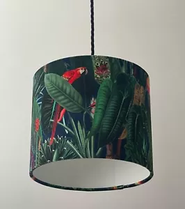 *SALE* Lampenschirm dunkelblau Papagei Pfau tropisch Dschungelblatt Samt Trommel - Bild 1 von 11