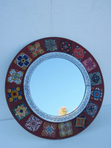 15" ROUND punched tin MIRROR, Mexican talavera tile, hacienda style, handmade Cover