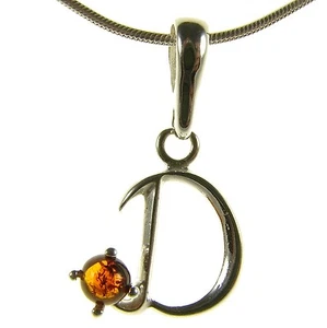 BALTIC AMBER STERLING SILVER 925 ALPHABET LETTER D PENDANT NECKLACE JEWELLERY - Picture 1 of 1