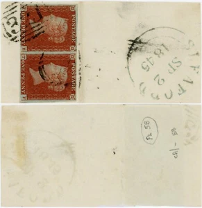 GB QV IMPERFORATES PENNY RED PAIR 4 MARGINS VFU Pl.58 TE TF GRANTHAM 321 NUMERAL - Picture 1 of 3