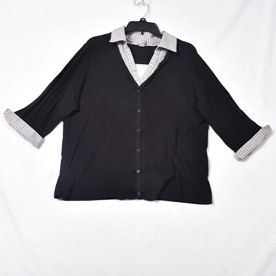 Blusa para mujer Laura Scott negra a cuadros manga 3/4 botón delantero talla 1X Foto 1 de 4