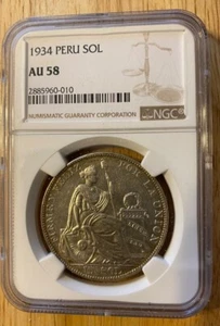 1934 Peru Sol Coin, NGC Graded: AU 58 - Picture 1 of 2