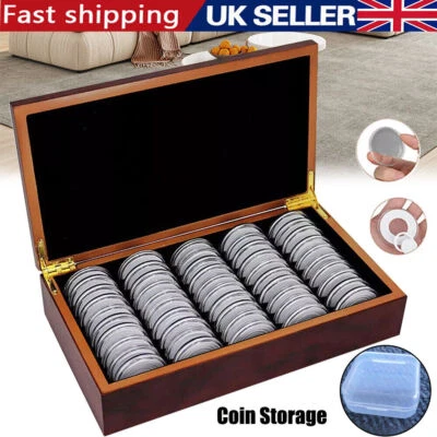 50pcs 46MM Coin Capsules Storage Box & Wooden Case Holders Collection Display UK