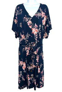 J JILL Petite XL Belted Midi Dress Shift Navy Blue & Pink Floral Stretch Pockets - Picture 1 of 5
