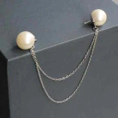 Shiny Round Cut Pearls With Classy Chain Collar Pin For Men's In 935 Silver - Image 1 of 4