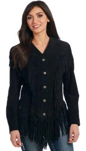 Cripple Creek Black Suede Leather Fringe Women's Large Lined Jacket - Picture 1 of 6