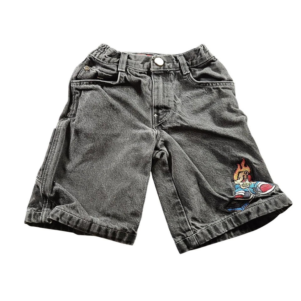 Pantalones Cortos Vintage Flamehead JNCO Niños Talla 7 Negro Denim Gamer Bordado Logo Y2K Foto 1 de 4