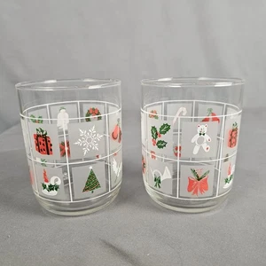 Vintage Libbey Set 2 Weihnachten niedrige Kugel Gläser mattierte Scheibe Glocken Zuckerstange Stechpalme - Bild 1 von 7
