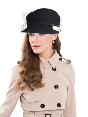 Wool Felt Mesh Equestrian Hat For Women Party Church Beret Hats With Bow Veil - Image 1 of 4