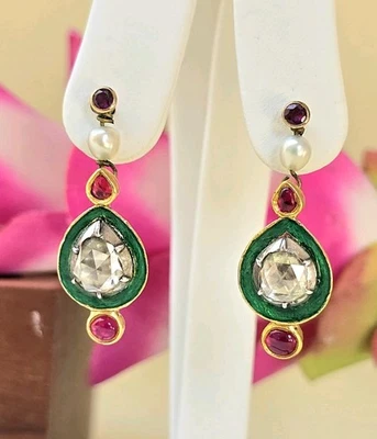 Antike Ohrringe Diamanten Rosenschliff Gold 750 Emaille 18k Antique Pinke Topase - Bild 1 von 2