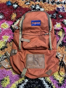 VTG 70s Jansport Large Leather Canvas Outdoor Hiking Camping Backpack Orange - Picture 1 of 9