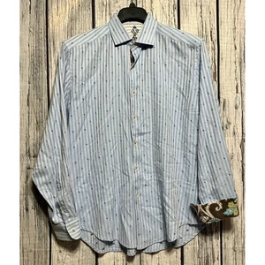 Robert Graham Button Up Shirt Mens Large Flip Cuffs Blue White Striped Paisley - Picture 1 of 11