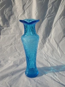 Crackle Glass Vase Turquoise Blue Ruffled Top Glass - Picture 1 of 7