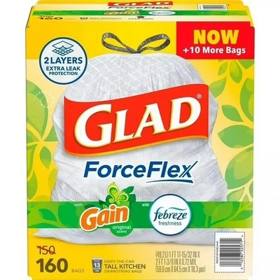 Glad ForceFlex Tall Kitchen 13 Gallon Drawstring Trash Bags w. Febreze 160 ct.. - Image 1 of 4