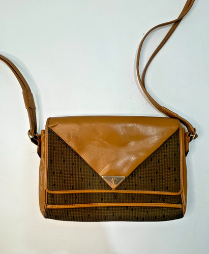 SAINT LAURENT (YSL) Borsa a tracolla Yves Saint Laurent YSL vintage pelle marrone tela logo triangolo