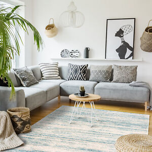 Teppich Wohnzimmer - Hochflor Shaggy Blau-Grün Meliert - Modern Ethno Look