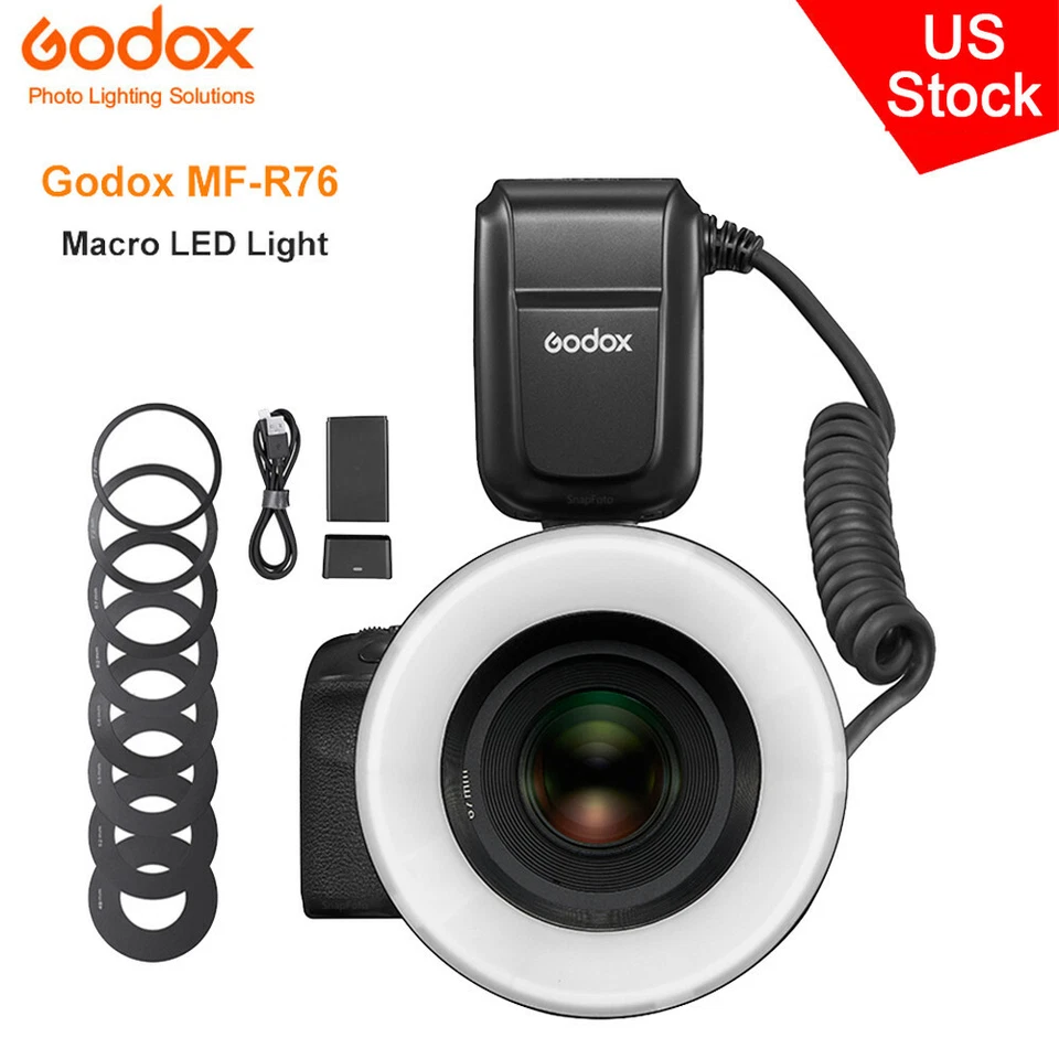 US Godox MF-R76 Macro LED Ring Flash Light 5000K For DSLR Canon Nikon Sony Fuji - Image 1 of 4