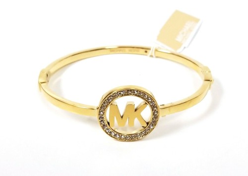 NEW MICHAEL KORS G TONE ROUND MK LOGO CRYSTALS OVAL CUFF BANGLE MKJ4116
