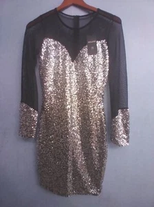 Glamorous Gold Sequin Bodycon Dress with Mesh Long Sleeves - Party Evening Wear - Picture 1 of 4