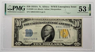 1934A $10 North Africa WWII Emergency Issue Note Fr#2309 PMG AU 53 EPQ - Image 1 of 3